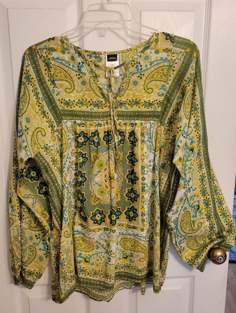 Bila Yellow Green Paisley Boho Tunic with Tie Neck